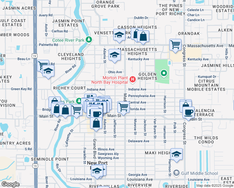 map of restaurants, bars, coffee shops, grocery stores, and more near 5934 Pennsylvania Avenue in Port Richey