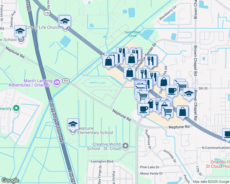 map of restaurants, bars, coffee shops, grocery stores, and more near 610 Pacito Way in St. Cloud