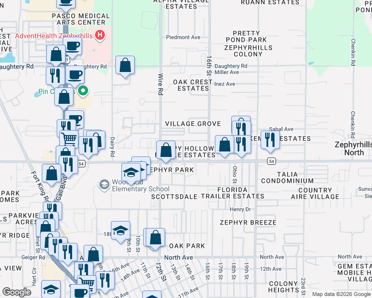 map of restaurants, bars, coffee shops, grocery stores, and more near 38618 Remora Avenue in Zephyrhills