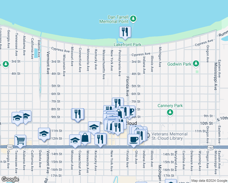 map of restaurants, bars, coffee shops, grocery stores, and more near 519 New York Avenue in Saint Cloud