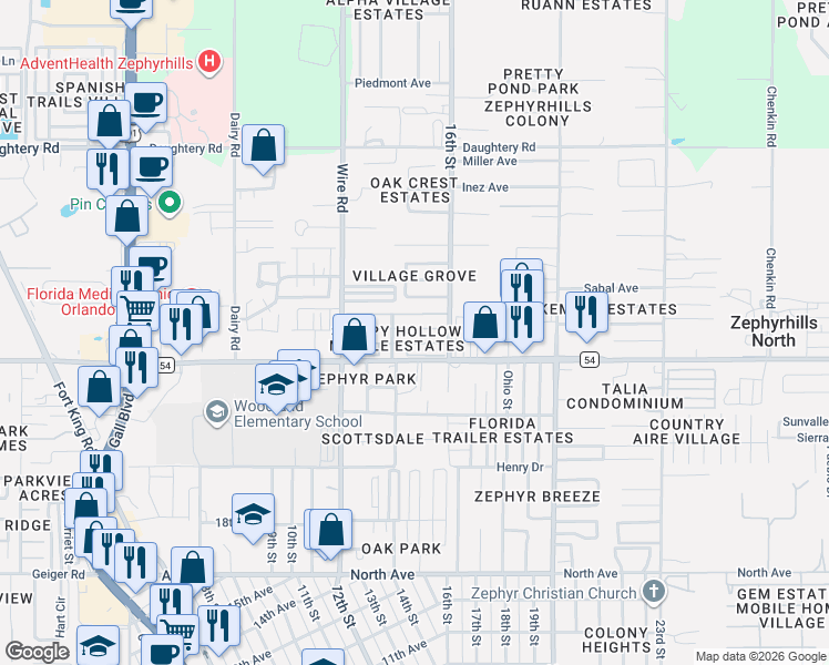 map of restaurants, bars, coffee shops, grocery stores, and more near 38623 Lansing Avenue in Zephyrhills