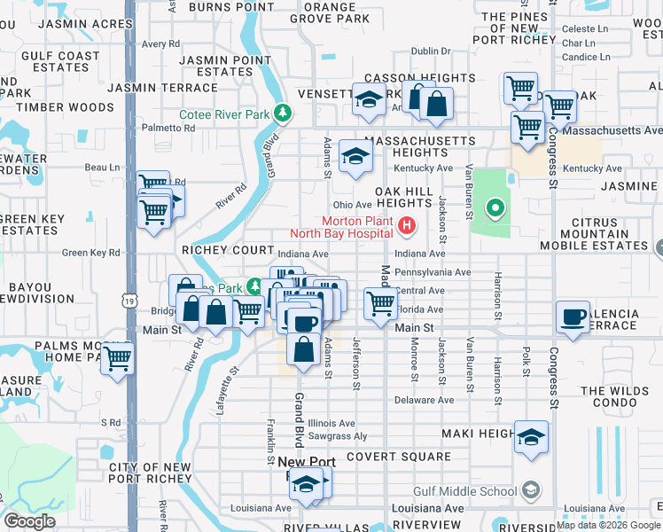 map of restaurants, bars, coffee shops, grocery stores, and more near 5843 Pennsylvania Avenue in Port Richey