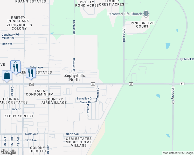 map of restaurants, bars, coffee shops, grocery stores, and more near 6500-6598 Pecan Street in Zephyrhills