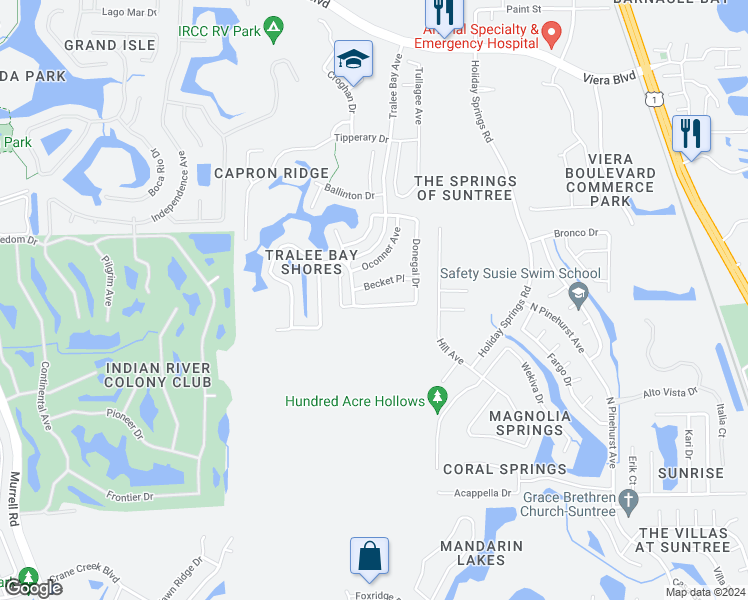 map of restaurants, bars, coffee shops, grocery stores, and more near 1296 Donegal Drive in Melbourne