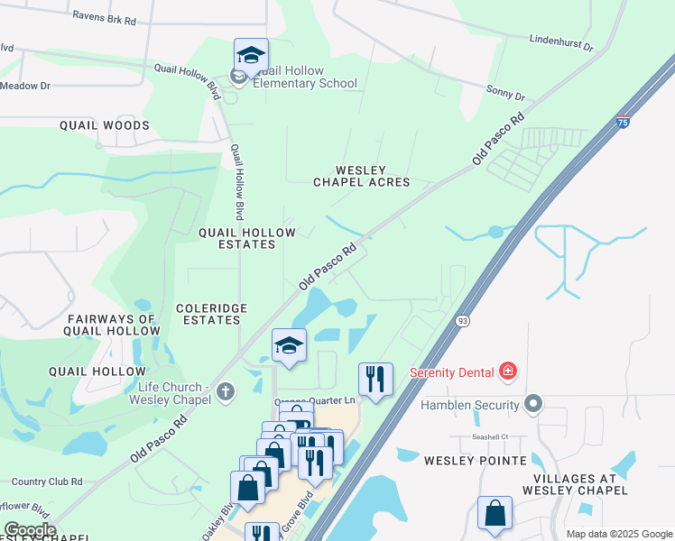 map of restaurants, bars, coffee shops, grocery stores, and more near 6571 Old Pasco Road in Zephyrhills