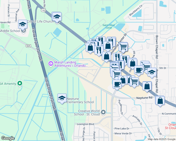 map of restaurants, bars, coffee shops, grocery stores, and more near 4881 Poolside Drive in Saint Cloud