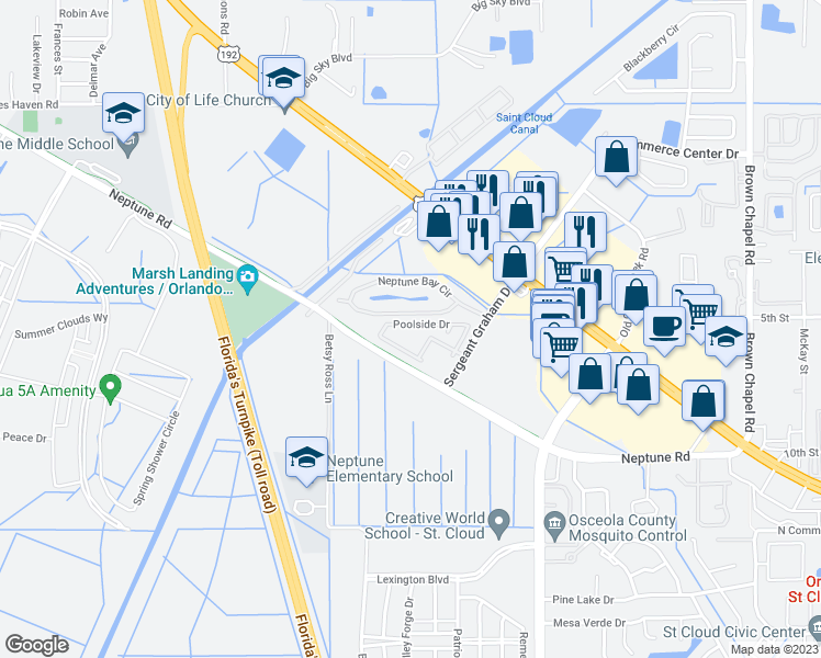 map of restaurants, bars, coffee shops, grocery stores, and more near 4915 Poolside Drive in St. Cloud