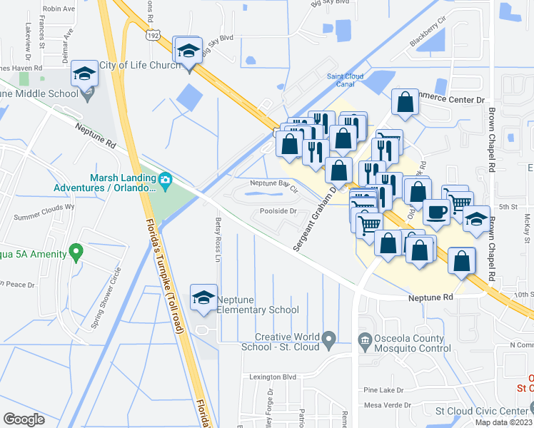 map of restaurants, bars, coffee shops, grocery stores, and more near 4931 Poolside Drive in Saint Cloud