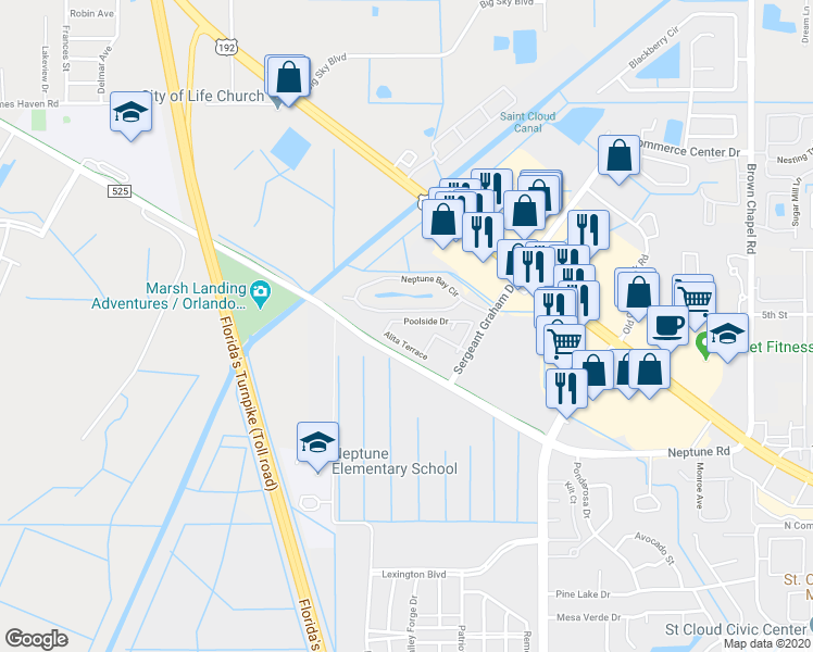 map of restaurants, bars, coffee shops, grocery stores, and more near 4935 Poolside Drive in St. Cloud