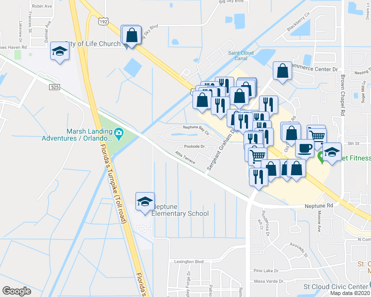 map of restaurants, bars, coffee shops, grocery stores, and more near 4935 Poolside Drive in Saint Cloud