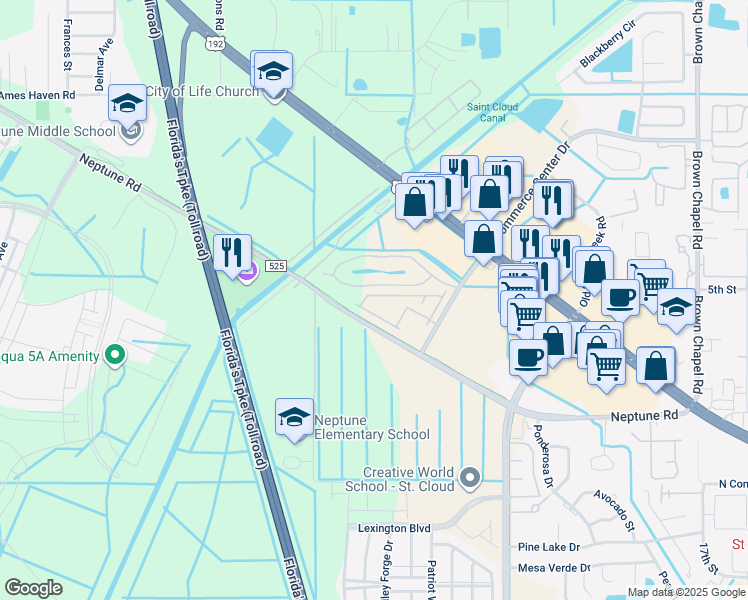map of restaurants, bars, coffee shops, grocery stores, and more near 4951 Poolside Drive in Saint Cloud