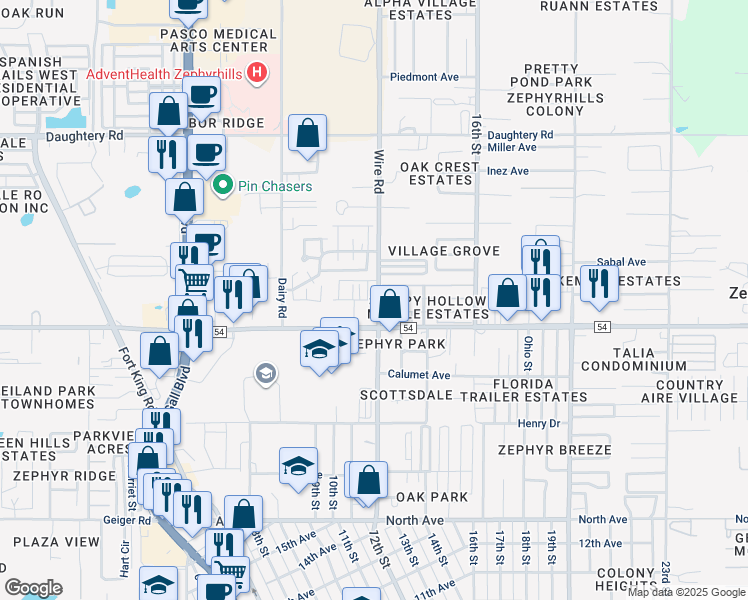 map of restaurants, bars, coffee shops, grocery stores, and more near 38415 Evergreen Village Drive in Zephyrhills