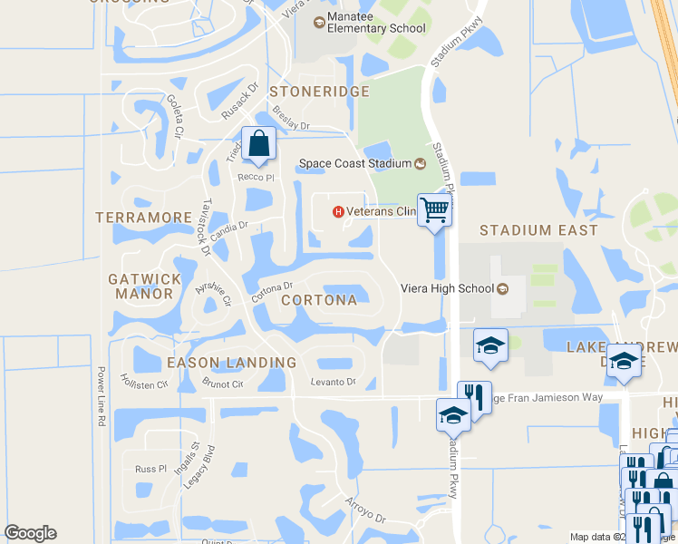 map of restaurants, bars, coffee shops, grocery stores, and more near 3127 Cortona Drive in Melbourne