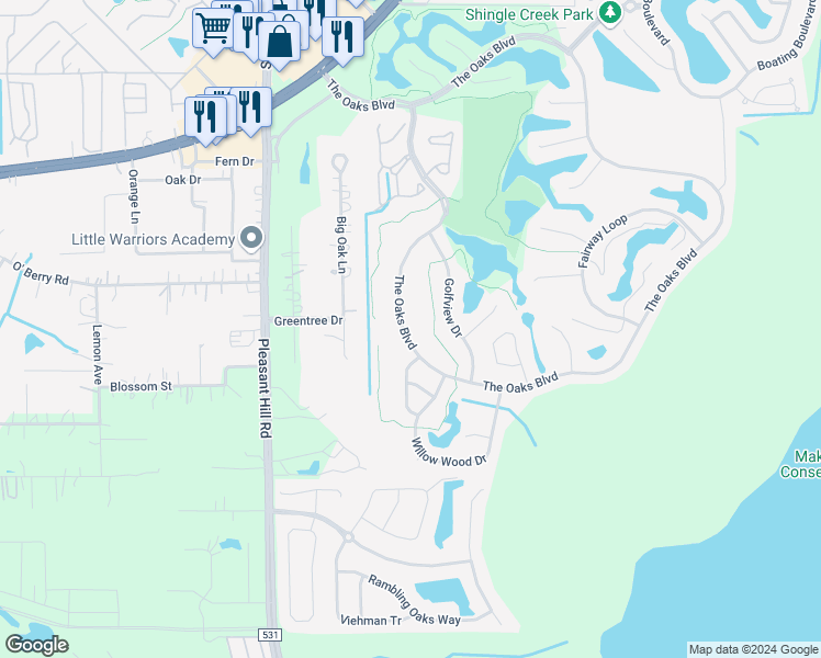 map of restaurants, bars, coffee shops, grocery stores, and more near 1660 The Oaks Boulevard in Kissimmee