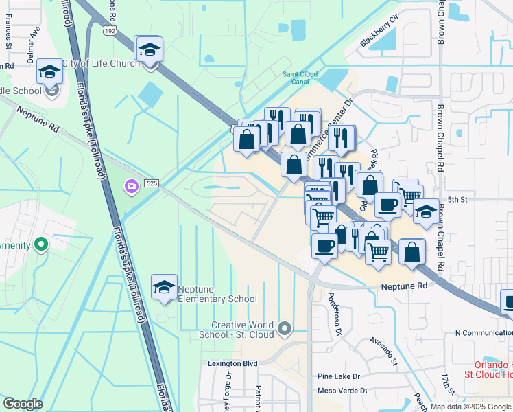 map of restaurants, bars, coffee shops, grocery stores, and more near 601 Florentino Place in Saint Cloud