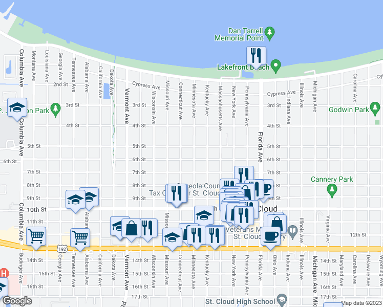 map of restaurants, bars, coffee shops, grocery stores, and more near 514 Minnesota Avenue in Saint Cloud