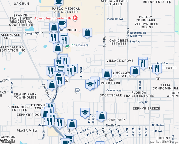 map of restaurants, bars, coffee shops, grocery stores, and more near 38435 County Road 54 in Zephyrhills