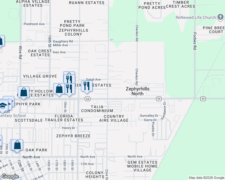 map of restaurants, bars, coffee shops, grocery stores, and more near 6530 23rd Street in Zephyrhills