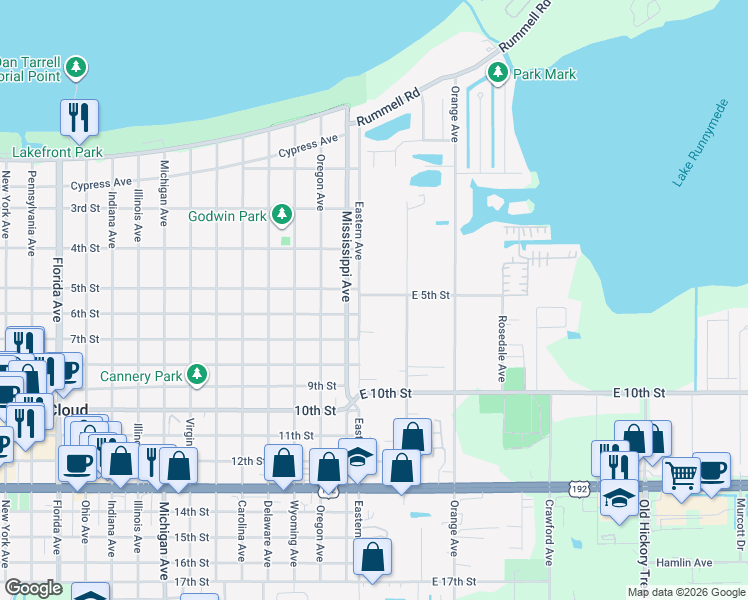 map of restaurants, bars, coffee shops, grocery stores, and more near 531 Mississippi Avenue in St. Cloud