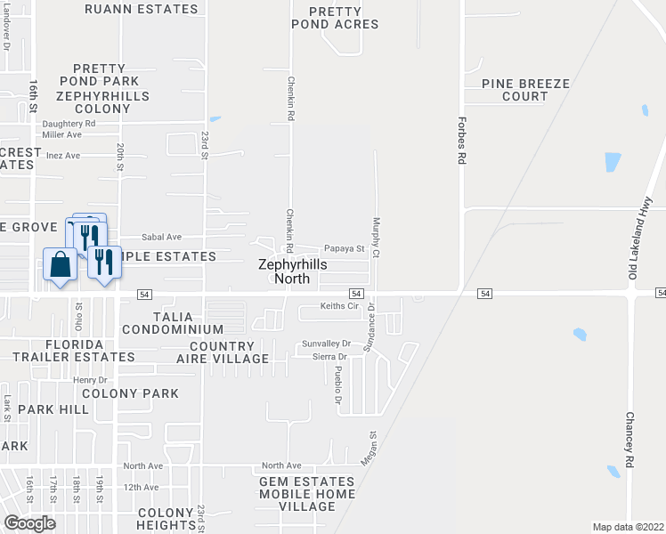 map of restaurants, bars, coffee shops, grocery stores, and more near 39609 Calamanda Avenue in Zephyrhills