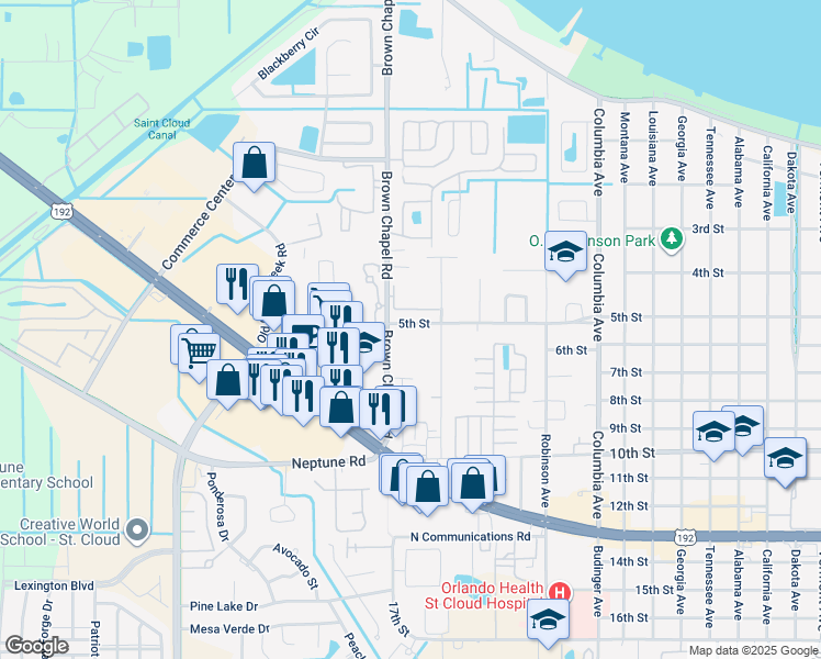 map of restaurants, bars, coffee shops, grocery stores, and more near 509 Brown Chapel Road in St. Cloud