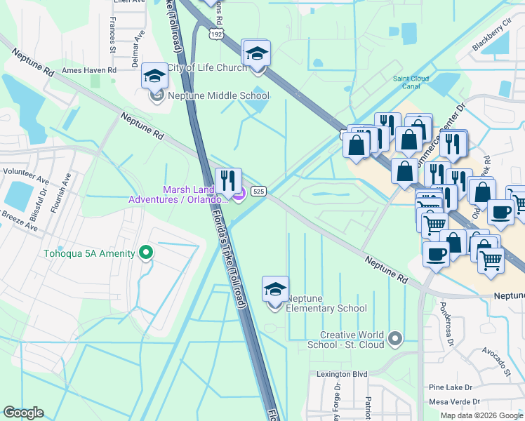 map of restaurants, bars, coffee shops, grocery stores, and more near 5101 Neptune Road in Kissimmee