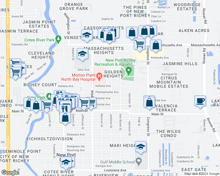 map of restaurants, bars, coffee shops, grocery stores, and more near 6127 Pennsylvania Avenue in New Port Richey