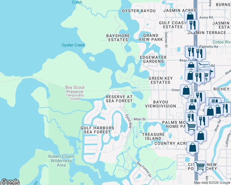 map of restaurants, bars, coffee shops, grocery stores, and more near 6517 Sand Shore Lane in New Port Richey