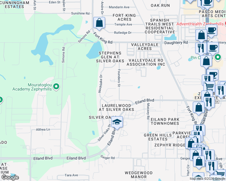 map of restaurants, bars, coffee shops, grocery stores, and more near 6622 Foxmoor Drive in Zephyrhills