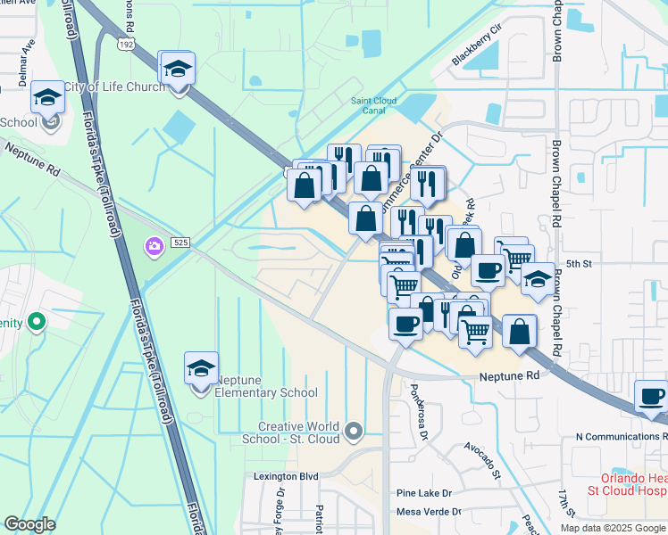 map of restaurants, bars, coffee shops, grocery stores, and more near 511 Pacito Way in Saint Cloud