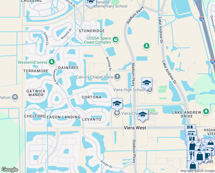 map of restaurants, bars, coffee shops, grocery stores, and more near 3148 Cortona Drive in Melbourne