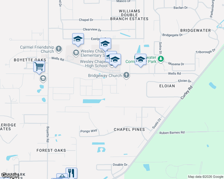 map of restaurants, bars, coffee shops, grocery stores, and more near 30555 Thunderbird Drive in Wesley Chapel