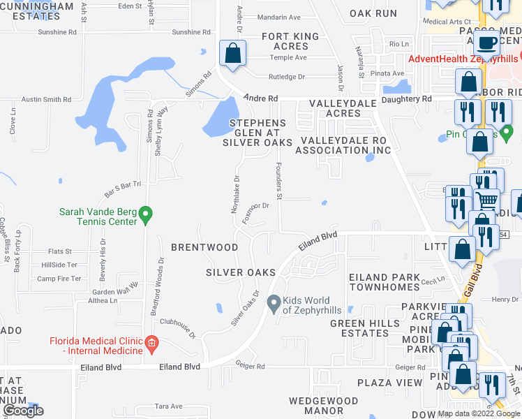 map of restaurants, bars, coffee shops, grocery stores, and more near 6618 Foxmoor Drive in Zephyrhills