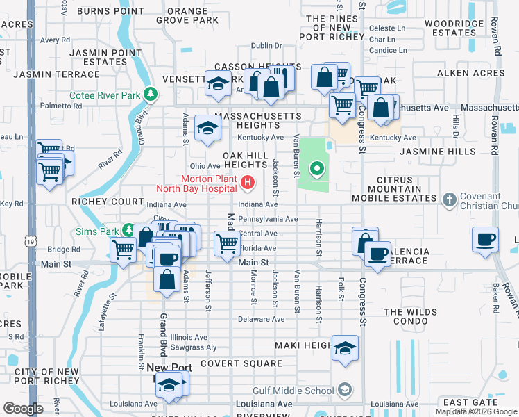 map of restaurants, bars, coffee shops, grocery stores, and more near 6127 Pennsylvania Avenue in New Port Richey