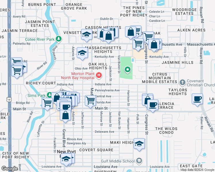map of restaurants, bars, coffee shops, grocery stores, and more near 6127 Pennsylvania Avenue in New Port Richey