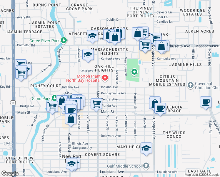 map of restaurants, bars, coffee shops, grocery stores, and more near 6102 Indiana Avenue in New Port Richey