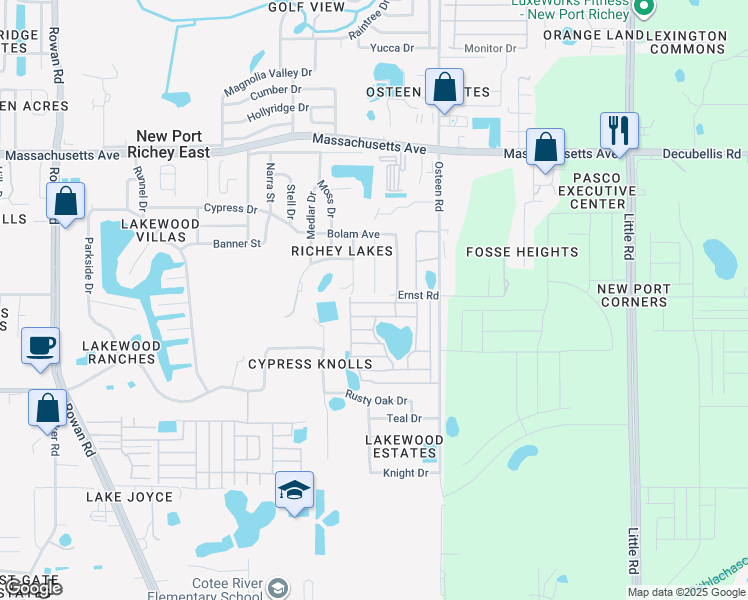 map of restaurants, bars, coffee shops, grocery stores, and more near 7744 Oldfield Road in New Port Richey