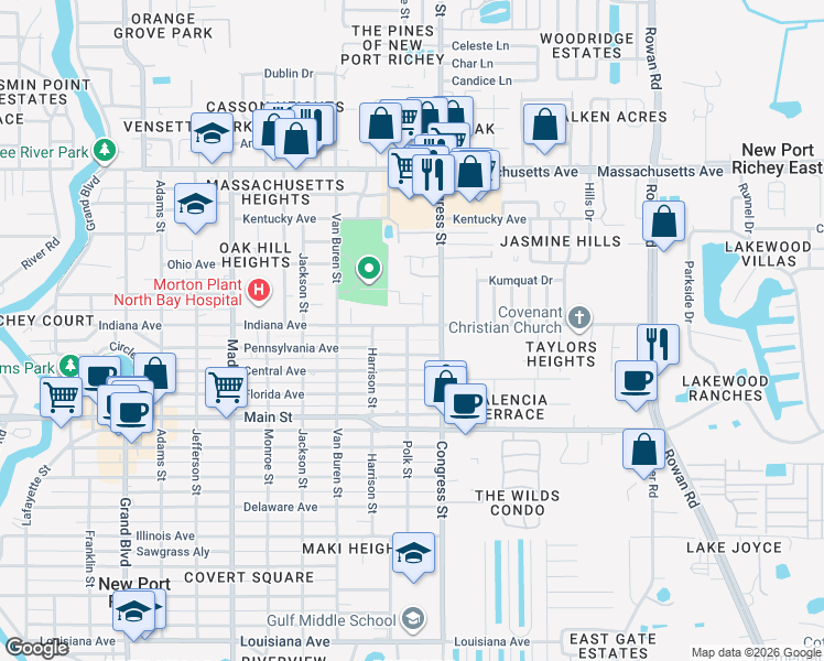 map of restaurants, bars, coffee shops, grocery stores, and more near 6423 Pennsylvania Avenue in New Port Richey