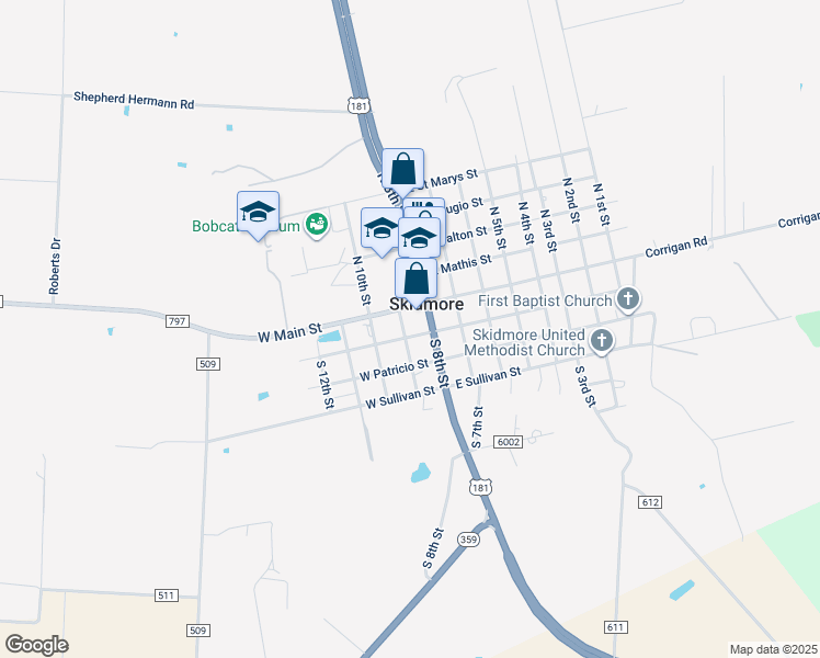 map of restaurants, bars, coffee shops, grocery stores, and more near 809 East Corpus Christi Street in Skidmore