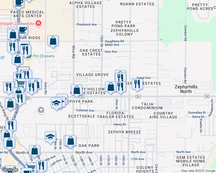 map of restaurants, bars, coffee shops, grocery stores, and more near 38825 County Road 54 in Zephyrhills