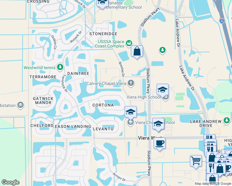 map of restaurants, bars, coffee shops, grocery stores, and more near 3127 Cortona Drive in Melbourne