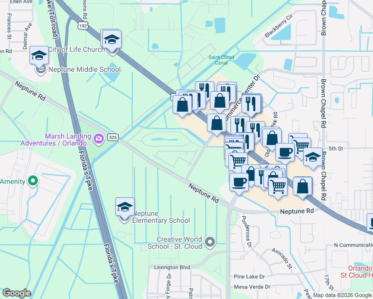 map of restaurants, bars, coffee shops, grocery stores, and more near 610 Pacito Way in St. Cloud