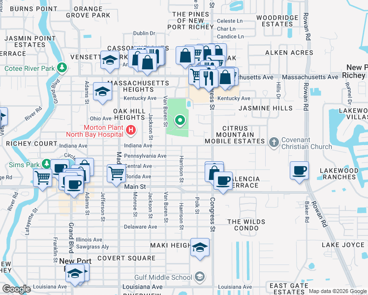map of restaurants, bars, coffee shops, grocery stores, and more near 6508 Harrison Street in New Port Richey