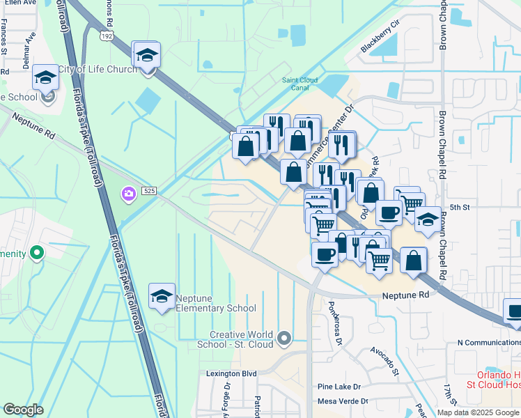 map of restaurants, bars, coffee shops, grocery stores, and more near 4810 Poolside Drive in St. Cloud