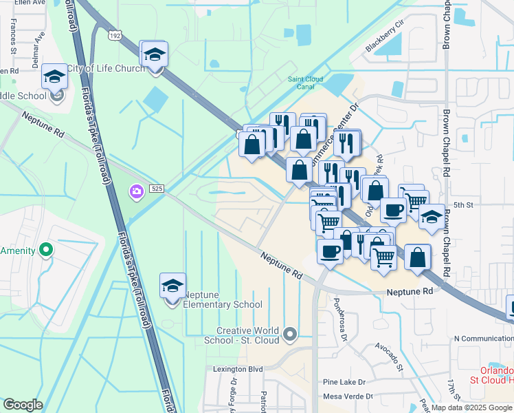 map of restaurants, bars, coffee shops, grocery stores, and more near 610 Pacito Way in St. Cloud