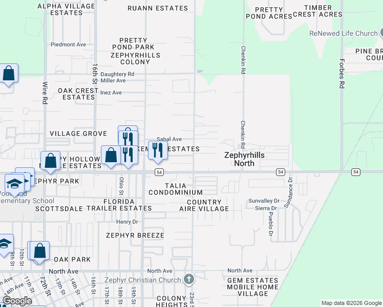 map of restaurants, bars, coffee shops, grocery stores, and more near 6622 23rd Street in Zephyrhills