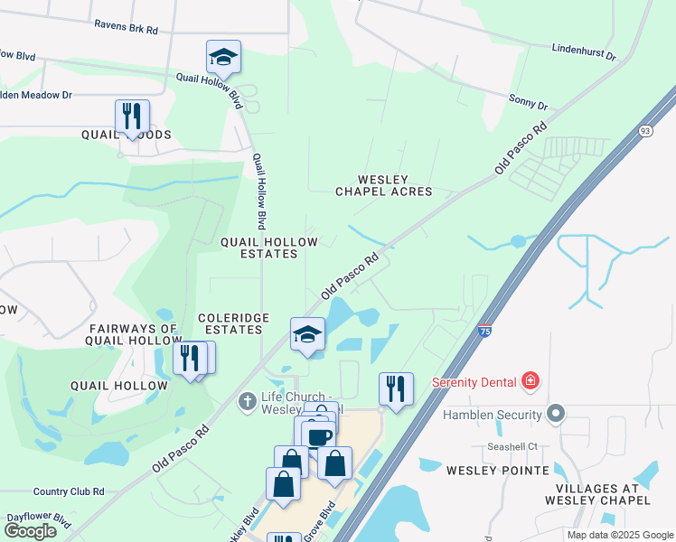 map of restaurants, bars, coffee shops, grocery stores, and more near 6571 Old Pasco Road in Zephyrhills
