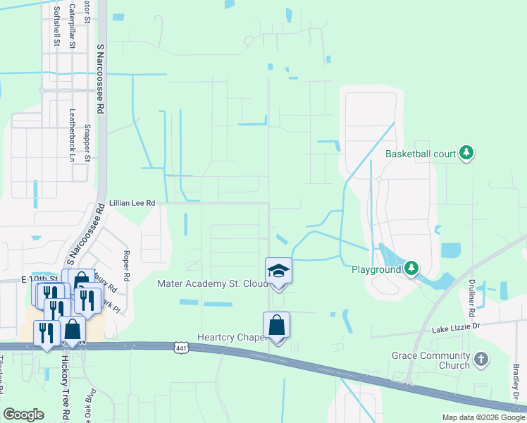 map of restaurants, bars, coffee shops, grocery stores, and more near 1801 Rain Lily Place in St. Cloud