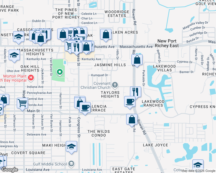 map of restaurants, bars, coffee shops, grocery stores, and more near 6608 Crossbow Lane in New Port Richey