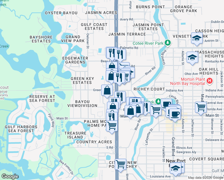 map of restaurants, bars, coffee shops, grocery stores, and more near 6621 U.S. 19 in Port Richey